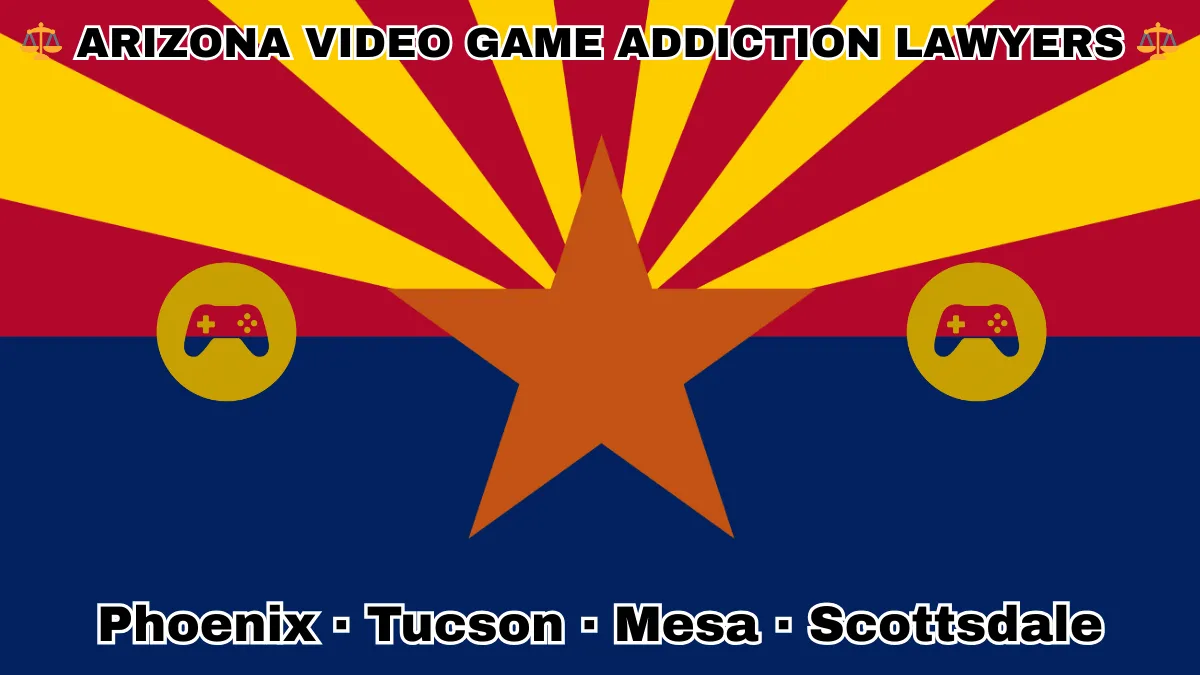 ARIZONA VIDEO GAME ADDICTION LAWYERS: Phoenix, Tucson, Mesa, and Scottsdale text on AZ state flag with gaming controllers depicted near red and yellow rays with a copper star above a blue field