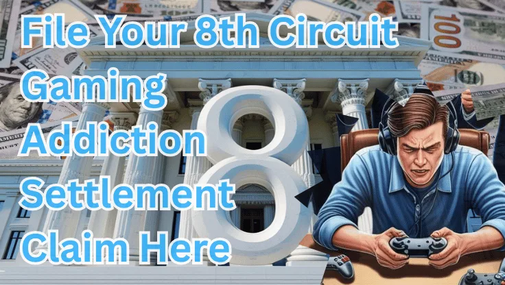 File Your 8th Circuit Gaming Addiction Settlement Claim Here text on depiction of Eighth Circuit court with a gamer in headphones playing a controller and high value cash backdrop.