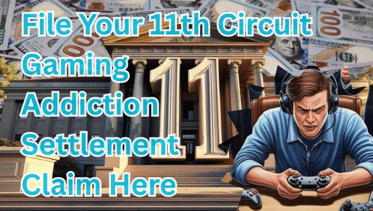 File Your 11th Circuit Gaming Addiction Settlement Claim Here text on depiction of Eleventh Circuit court with a gamer in headphones playing a controller and high value cash backdrop.