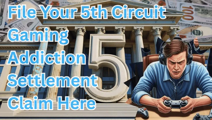 File Your 5th Circuit Gaming Addiction Settlement Claim Here text on depiction of Fifth Circuit court with a gamer in headphones playing a controller and high value cash backdrop.