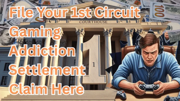 File Your 1st Circuit Gaming Addiction Settlement Claim Here text on depiction of First Circuit court with a gamer in headphones playing a controller and high value cash backdrop.