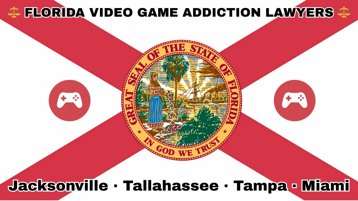 FLORIDA VIDEO GAME ADDICTION LAWYERS: Jacksonville, Tallahassee, Tampa, and Miami text on FL state flag with gaming controllers depicted near a red cross and SEAL of a Seminole woman scattering flowers by a shoreline with a boat, palm trees, and sunlight.