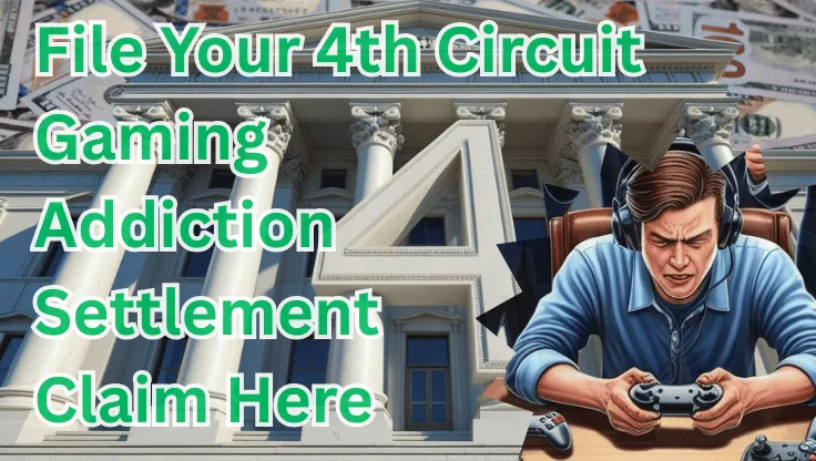 File Your 4th Circuit Gaming Addiction Settlement Claim Here text on depiction of Fourth Circuit court with a gamer in headphones playing a controller and high value cash backdrop.