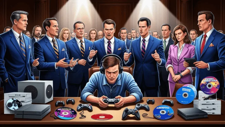 Lawyers in court with video game addict displaying controllers, discs, and gaming consoles.