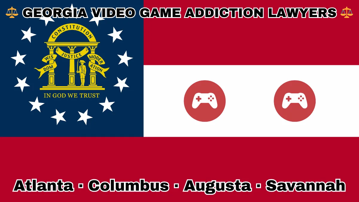 GEORGIA VIDEO GAME ADDICTION LAWYERS: Atlanta, Columbus, Augusta, and Savannah text on GA state flag with gaming controllers depicted near a gold arch on blue canton with three pillars and 13 white stars, next to three thick red and white stripes.