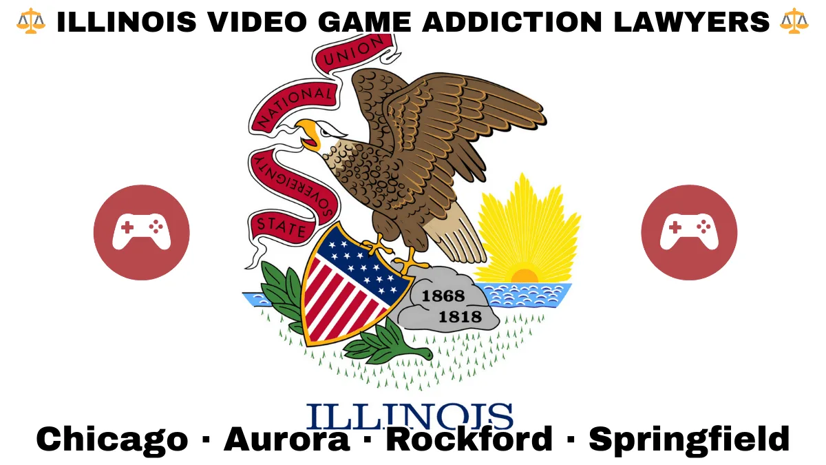 ILLINOIS VIDEO GAME ADDICTION LAWYERS: Chicago, Aurora, Rockford, and Springfield text on IL state flag with gaming controllers depicted near a bald eagle perched on a rock and holding a shield, as the sun shines bright.