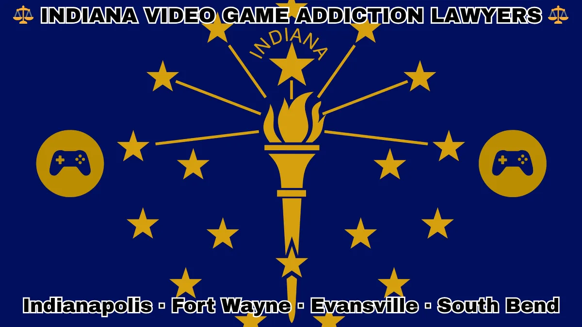 INDIANA VIDEO GAME ADDICTION LAWYERS: Indianapolis, Fort Wayne, Evansville, and South Bend text on IN state flag with gaming controllers depicted near a gold torch and stars.