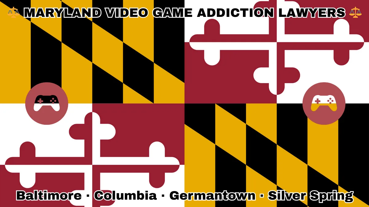 MARYLAND VIDEO GAME ADDICTION LAWYERS: Baltimore, Columbia, Germantown, and Silver Spring text on MD state flag with gaming controllers depicted near red and white crosses, and black and gold checkered Calvert arms.