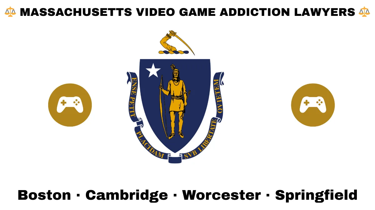MASSACHUSETTS VIDEO GAME ADDICTION LAWYERS: Boston, Cambridge, Worcester, and Springfield text on MA state flag with gaming controllers depicted near a shield featuring a Native American person with bow and arrow under a star and sword.