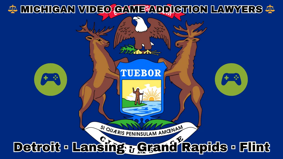 MICHIGAN VIDEO GAME ADDICTION LAWYERS: Detroit, Lansing, Grand Rapids, and Flint text on MI state flag with gaming controllers depicted near an elk, moose and bald eagle flanking a shield featuring a man standing on a sunny lake with a raised hand and rifle.