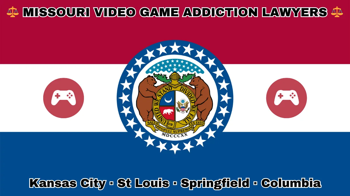 MISSOURI VIDEO GAME ADDICTION LAWYERS: Kansas City, St Louis, Springfield, and Columbia text on MO state flag with gaming controllers depicted near a ring of stars featuring two grizzly bears, a shield, and crescent moon, all on a red, white and blue background.