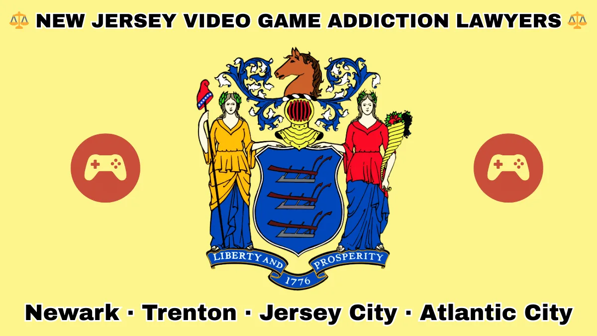 NEW JERSEY VIDEO GAME ADDICTION LAWYERS: Newark, Trenton, Jersey City, and Atlantic City text on NJ state flag with gaming controllers depicted near a shield with three plows, the goddesses Liberty and Ceres, and a horse head.