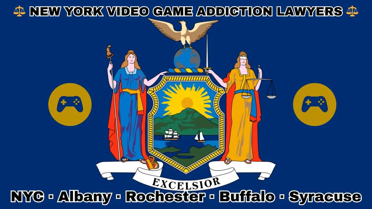 NEW YORK VIDEO GAME ADDICTION LAWYERS: NYC, Albany, Rochester, Buffalo, and Syracuse text on NY state flag with gaming controllers depicted near Liberty and Justice holding a sword and scales, an eagle atop a globe, and a shield featuring the sun shining over the mountains onto Hudson River boaters.