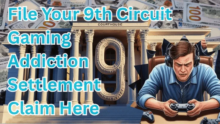 File Your 9th Circuit Gaming Addiction Settlement Claim Here text on depiction of Ninth Circuit court with a gamer in headphones playing a controller and high value cash backdrop.