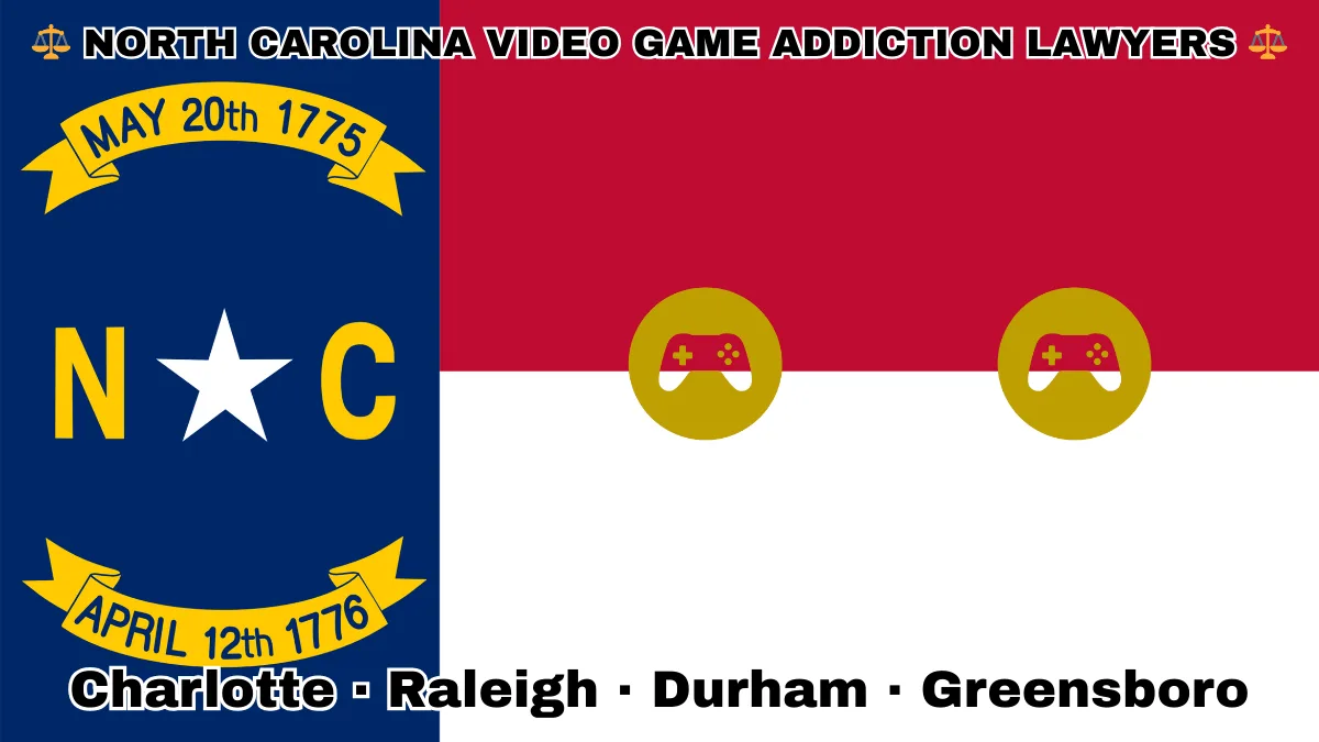 NORTH CAROLINA VIDEO GAME ADDICTION LAWYERS: Charlotte, Raleigh, Durham, and Greensboro text on NC state flag with gaming controllers depicted near a star, all on a blue, red and white background.