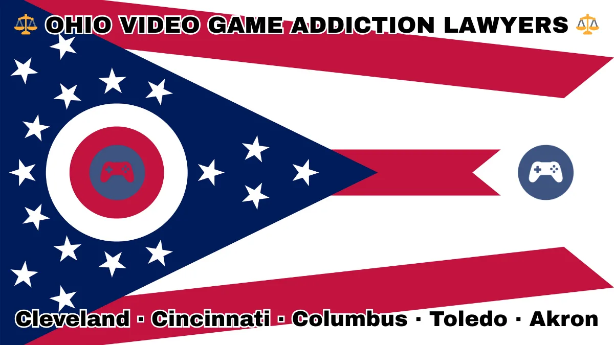 OHIO VIDEO GAME ADDICTION LAWYERS: Cleveland, Cincinnati, Columbus, Toledo, and Akron text on OH state flag with gaming controllers depicted near a triangular swallowtail with red, white, and blue stripes and stars.