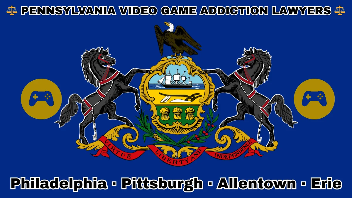 PENNSYLVANIA VIDEO GAME ADDICTION LAWYERS: Philadelphia, Pittsburgh, Allentown, and Erie text on PA state flag with gaming controllers depicted near horses and an eagle flanking a shield featuring a ship, plow, and sheaves of wheat.
