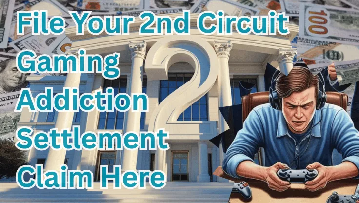 File Your 2nd Circuit Gaming Addiction Settlement Claim Here text on depiction of Second Circuit court with a gamer in headphones playing a controller and high value cash backdrop.