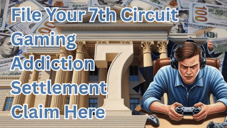 File Your 7th Circuit Gaming Addiction Settlement Claim Here text on depiction of Seventh Circuit court with a gamer in headphones playing a controller and high value cash backdrop.