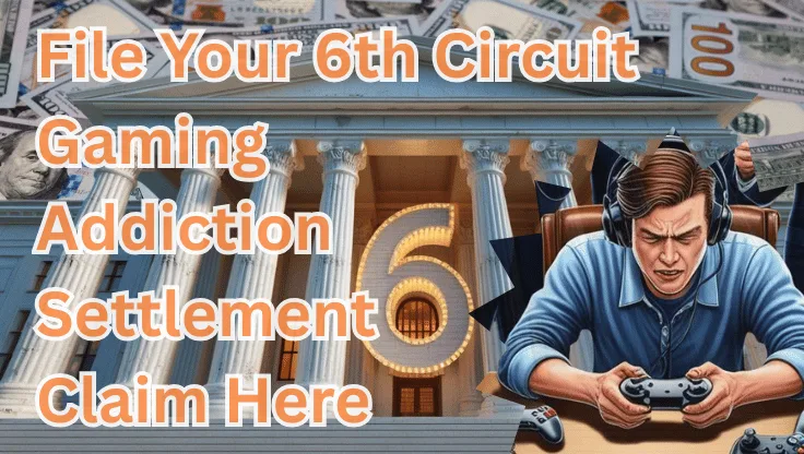 File Your 6th Circuit Gaming Addiction Settlement Claim Here text on depiction of Sixth Circuit court with a gamer in headphones playing a controller and high value cash backdrop.