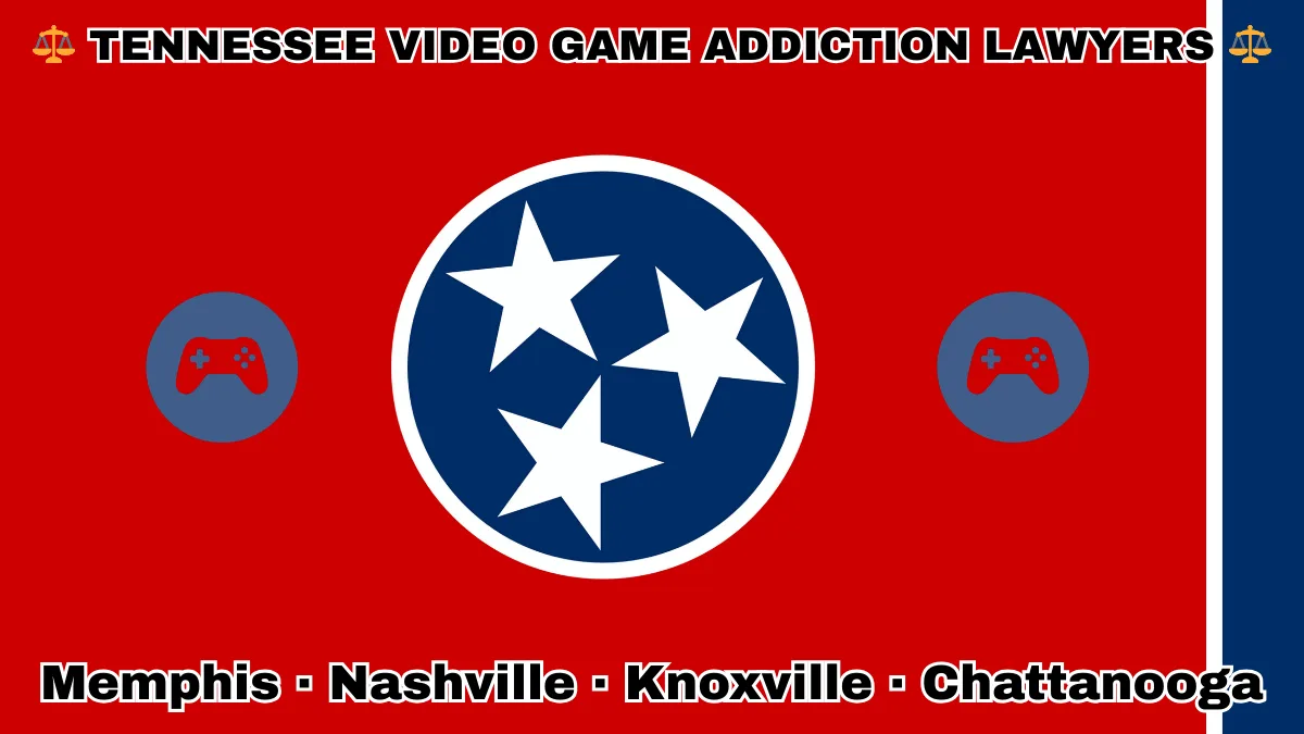 TENNESSEE VIDEO GAME ADDICTION LAWYERS: Memphis, Nashville, Knoxville, and Chattanooga text on TN state flag with gaming controllers depicted near three white stars on a blue circle, and vertical blue stripe, all on a red background.