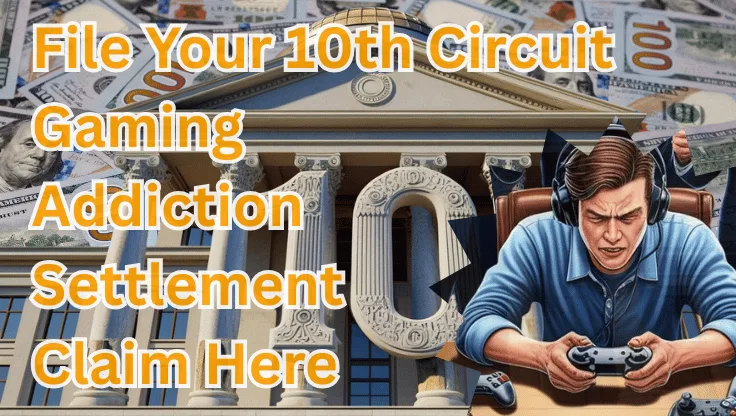 File Your 10th Circuit Gaming Addiction Settlement Claim Here text on depiction of Tenth Circuit court with a gamer in headphones playing a controller and high value cash backdrop.