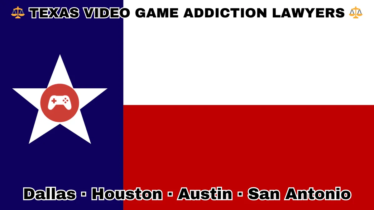 TEXAS VIDEO GAME ADDICTION LAWYERS: Dallas, Houston, Austin, and San Antonio text on TX state flag with gaming controller depicted on a Lone Star near blue, red and white color blocks.