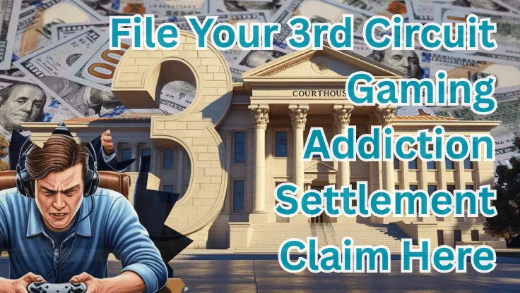 File Your 3rd Circuit Gaming Addiction Settlement Claim Here text on depiction of Third Circuit court with a gamer in headphones playing a controller and high value cash backdrop.