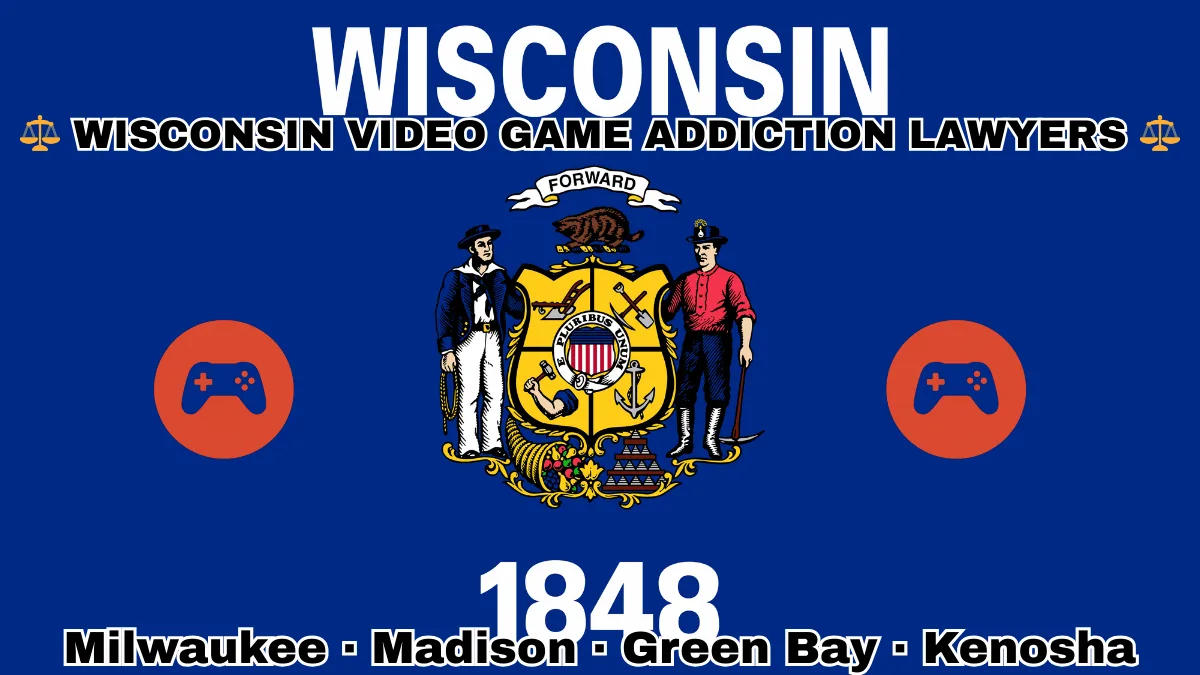 WISCONSIN VIDEO GAME ADDICTION LAWYERS: Milwaukee, Madison, Green Bay, and Kenosha text on WI state flag with gaming controllers depicted near a sailor and miner flanking a shield featuring agriculture, mining, manufacturing, and navigation, a badger above, and a cornucopia and lead ingot.